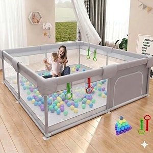 monstech large baby playpen 150x180cm pit balls playpen for baby up to 5 years with anti-fall rings safety lock breathable mesh kids activity center play pen 120  120-blue-f