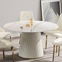 Montary 53” Modern Round Dining Table for 4-6 People, Minimalist Artificial Marble Kitchens Table with Beige Plywood PU Base, Snow Mountain White Sintered Stone Top Dining Room Table