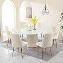 Montary 7 Piece Dining Table Set, Modern Dining Room Table Set of 6, White 53" D Faux Marble Dining Table, Sintered Stone Round Table with 6 Dining Chairs, for Dining Room Kitchen