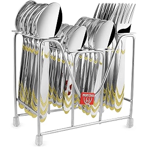 montavo by fns magna 24 karat gold plated 24 pieces stainless steel cutlery set with hanging stand 6 dinner spoons 6 dinner forks 6 tea spoons amp 6 baby spoons luxury flatware set