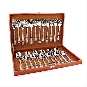 montavo by fns pacific 24 pc stainless steel cutlery set with leatherette box 6 dinner spoons 6 dinner forks 6 tea spoons 6 baby spoons rust-resistant mirror polished flatware