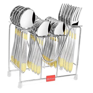 montavo by fns passion real gold plated stainless steel cutlery set of 24 with hanging stand 6 dinner spoons 6 dinner forks 6 tea spoons 6 baby spoons rust-resistant mirror polished