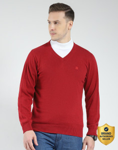 MONTE CARLO Men Solid V Neck Maroon