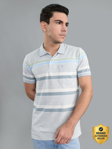 MONTE CARLO Striped Men Polo Neck Grey