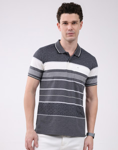 MONTE CARLO Striped Men Polo Neck Grey