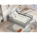 Montessori Floor Bed Frame with Safety Guardrails and Door, Solid Pine Wood Low Bed for Kids Toddlers, Indoor Playhouse Bed, No Box Spring Needed (Grey, Full)