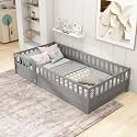 Montessori Floor Bed Frame with Safety Guardrails and Door, Solid Pine Wood Low Bed for Kids Toddlers, Indoor Playhouse Bed, No Box Spring Needed (Grey, Twin)