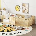 Montessori Floor Bed Frame with Safety Guardrails and Door, Solid Pine Wood Low Bed for Kids Toddlers, Indoor Playhouse Bed, No Box Spring Needed (Natural, Twin)