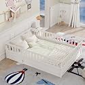 Montessori Floor Bed Frame with Safety Guardrails and Door, Solid Pine Wood Low Bed for Kids Toddlers, Indoor Playhouse Bed, No Box Spring Needed (White, Full)