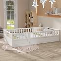 Montessori Floor Bed Frame with Safety Guardrails and Door, Solid Pine Wood Low Bed for Kids Toddlers, Indoor Playhouse Bed, No Box Spring Needed (White, Twin)