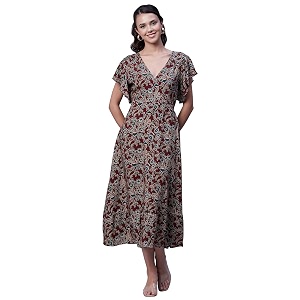 Moomaya Womens Printed Dress V-Neck Short Sleeves