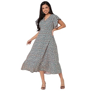 Moomaya Womens Printed Dress V-Neck Short Sleeves