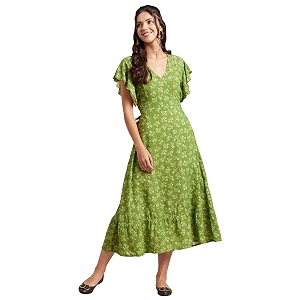 Moomaya Womens Printed Dress V-Neck Short Sleeves