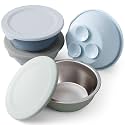 Moonkie Baby Suction Bowls for Self-Feeding: 3 Strong Suction Bases Prevent Spills - Seamless One-Piece Design for Easy Cleanup - Stainless Steel &amp; Silicone Toddler Bowls with Lids - 13 oz 4 Pack