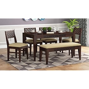 moonwooden sheesham wood 6 seater dining table with cushioned chairs for home kitchen dining room hotel solid wooden six seater dining set walnut finish