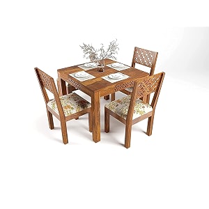 moonwooden sheesham wood 4 seater dining table with 3 cushioned chairs and 1 bench for home dining room hotel solid wooden cnc design table honey finish