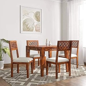 moonwooden cnc design wooden dining table 4 seater with cushioned  dinning table with 4 chairs for home restraunts  premium polish  sheesham wood honey finish-teak brown finish