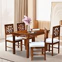 MoonWooden Solid Sheesham Wood Dining Table Set of 4 Seater Dinner Dinning Table with Cushioned Chairs | Wooden CNC Design Dining Furniture Living for Room, Home, Hotel and Restraunts (Honey Finish)