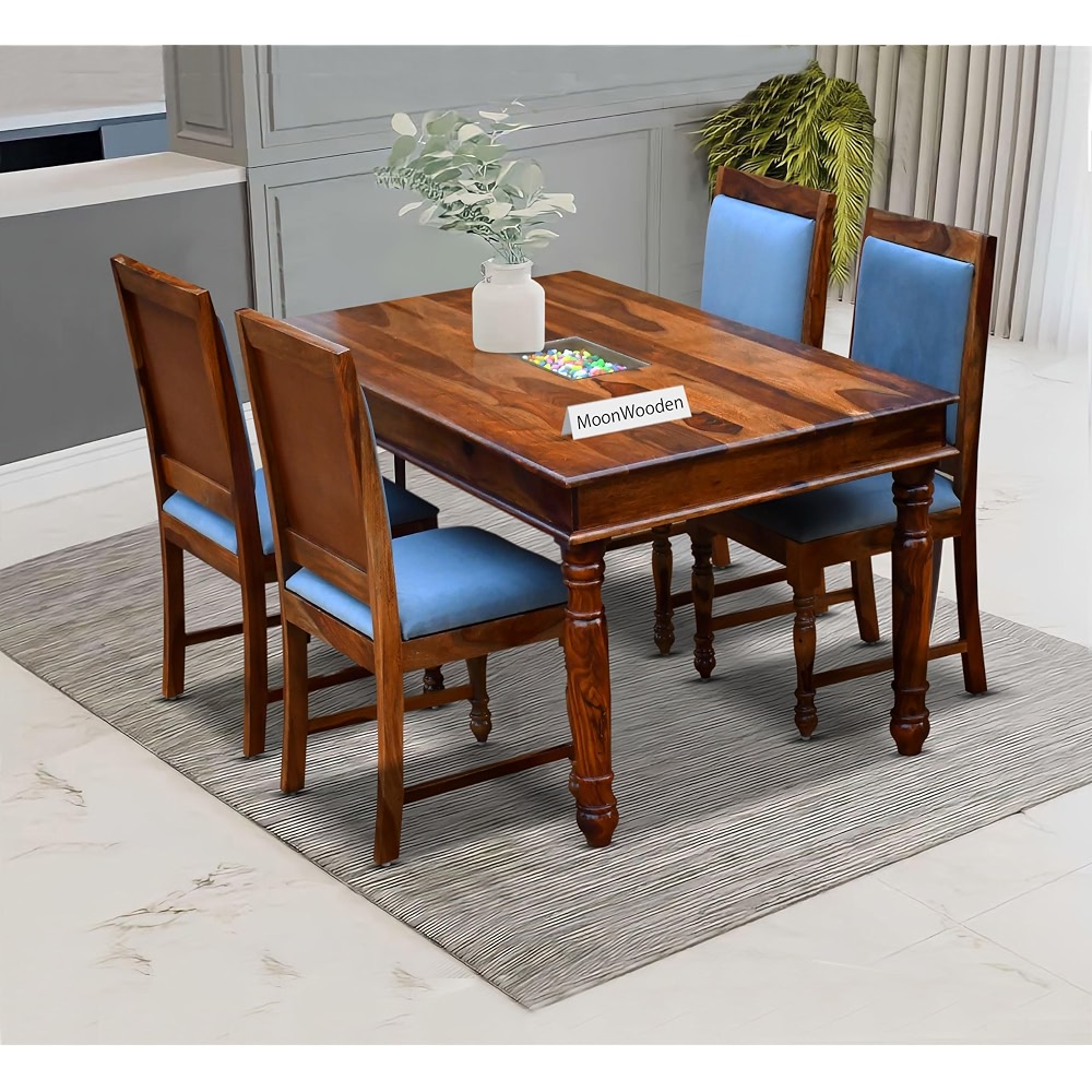 MoonWooden Sheesham Wood 4 Seater Dining Table with Cushioned Chairs ...