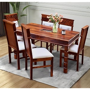 moonwooden solid sheesham wood dining table 6 seater  wooden six seater dinning table with beige cushion chairs  dinner table 6 seater  dining room sets  self assembly honey finish