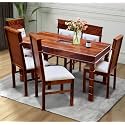 MoonWooden Solid Sheesham Wood Dining Table 6 Seater | Wooden Six Seater Dinning Table with Beige Cushion Chairs | Dinner Table 6 Seater | Dining Room Sets | Self Assembly, Honey Finish