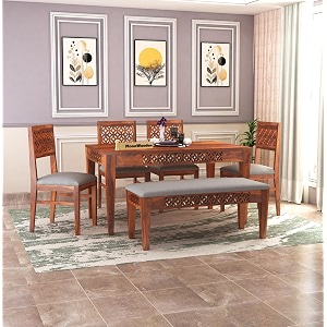 moonwooden cnc solid sheesham wood dining table set 6  six seater dining table 6 seater with 4 cushion chairs amp 1 bench for living room  6 dining set for hotel restaurant honey