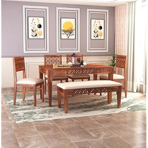 moonwooden sheesham wood 6 seater dining table with cushioned 4 chairs and 1 bench for home dining room kitchen hotel solid wooden cnc design table honey-beige finish