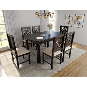 moonwooden sheesham wooden dining table 6 seater with cushioned chair  solid wood  dining table with 6 chairs for home hotel amp restaurant finish color- dark walnut