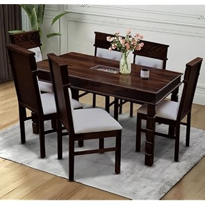 moonwooden solid sheesham wood 6 seater dining table with cushioned 6 chairs for kitchen dining room home hotel wooden dining set furniture walnut finish