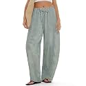 MOOSLOVER Women Linen Lightweight Barrel Pants Drawstring Comfort Casual Lounge Pants Baggy Loose Ankle Pants with Pocket