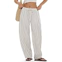 MOOSLOVER Women Linen Lightweight Barrel Pants Drawstring Comfort Casual Lounge Pants Baggy Loose Ankle Pants with Pocket