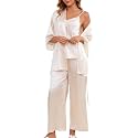Women's Silk Pajama Set 3 Piece with Satin Robe , Cami Top and Long Pants