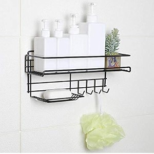 self-adhesive shower shelf soap with hooks stainless steel shower rack basket for shampoo soap razor rustproof bathroom shower caddy storage organizer black