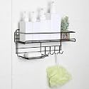 Self-Adhesive Shower Shelf Soap with Hooks Stainless Steel Shower Rack Basket for Shampoo Soap Razor Rustproof Bathroom Shower Caddy Storage Organizer Black