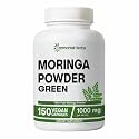 Moringa Capsules, 1000mg Strength, 20:1 Pure Moringa Leaf Powder, Digestive & Immune Support Green Superfood, Non-GMO & Gluten Free