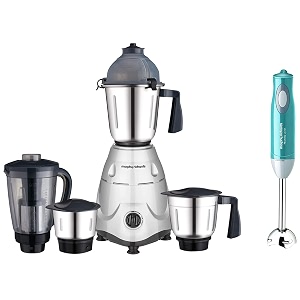 morphy richards icon superb 750w mixer grinder 4 jars silver and black amp pronto ultra hand blender 300w blue - stainless steel 750 watts