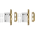 Mortise Lock Set Interior Door, Old Door Lock Replacement Parts, Antique Vintage Door Lock Hardware, Skeleton Keys and Reversible Latch, Mortise Lock Kit, Antique Brass Finish (Pack of 2)