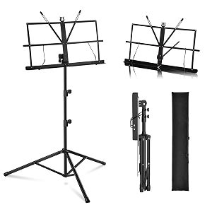 mosen music stand - 2 in 1 dual-use folding sheet music stand desktop book stand lightweight portable adjustable with carrying bag metal music stand extra stable 1 pack black