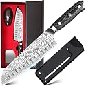 MOSFiATA Santoku Knife- 7 Inch Vegetable Knife Ultra Sharp Chopping Knife- Forged EN.4116 German Steel- Including Sheath,Finger Guard,Knife Sharpener,Full Tang,Best Gifts with Handmade Gift Box