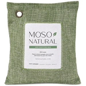 moso natural air purifying bag odor eliminator for cars closetsbathrooms and pet areas 200 ggreen fragrance free chemical free and non toxic long lasting charcoal bag  lasts up to 2 years