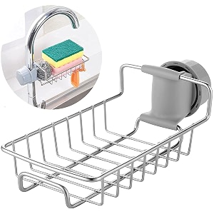 MosQuick stainless steel tap-mounted kitchen sink caddy and sponge holder