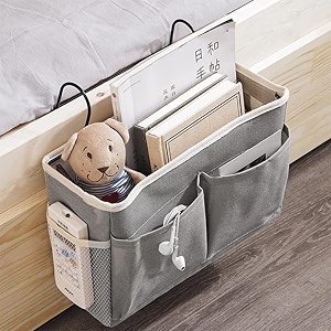 MosQuick grey hanging bedside organizer with pockets for books and accessories