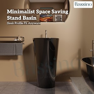 bassino 18x18x32 inches ceramic pedestal wash basin7 years warrantyone piece free standing basin for bathroomliving roomsalonsround modern sink for hotelfloor mounted washbasinglossy black