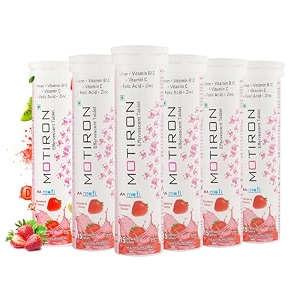 motiron effervescent iron tablets for women amp men  iron folic acid vitamin b12 c amp zinc  stomach-friendly sugar-free strawberry flavour - pack of 6