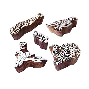 motif finger and bird block print wood stamps set of 5
