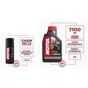 motul 104103 7100 4t fully synthetic ester 20w-50 api sn petrol engine oil for bikes 1 l amp motul c2 chain lube for all bikes 150 ml