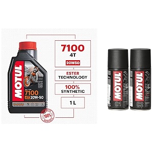 motul 104103 7100 4t fully synthetic ester 20w-50 api sn petrol engine oil for bikes 1 l amp motul combo of c2 chain lube 150 ml and c1 chain clean for all bikes 150 ml