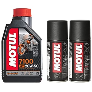 motul 7100 4t 20w-50 api sn fully synthetic petrol engine oil for bikes 15 l amp motul combo of c2 chain lube 150 ml and c1 chain clean for all bikes 150 ml