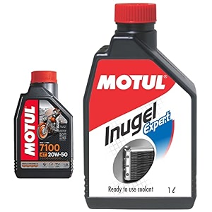 motul 7100 4t 20w-50 api sn fully synthetic petrol engine oil for bikes 15 l amp motul inugel expert coolant 1 l
