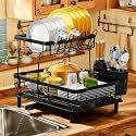 MOUKABAL 2 Tier Dish Drying Rack with Drainboard for Kitchen Counter, Black